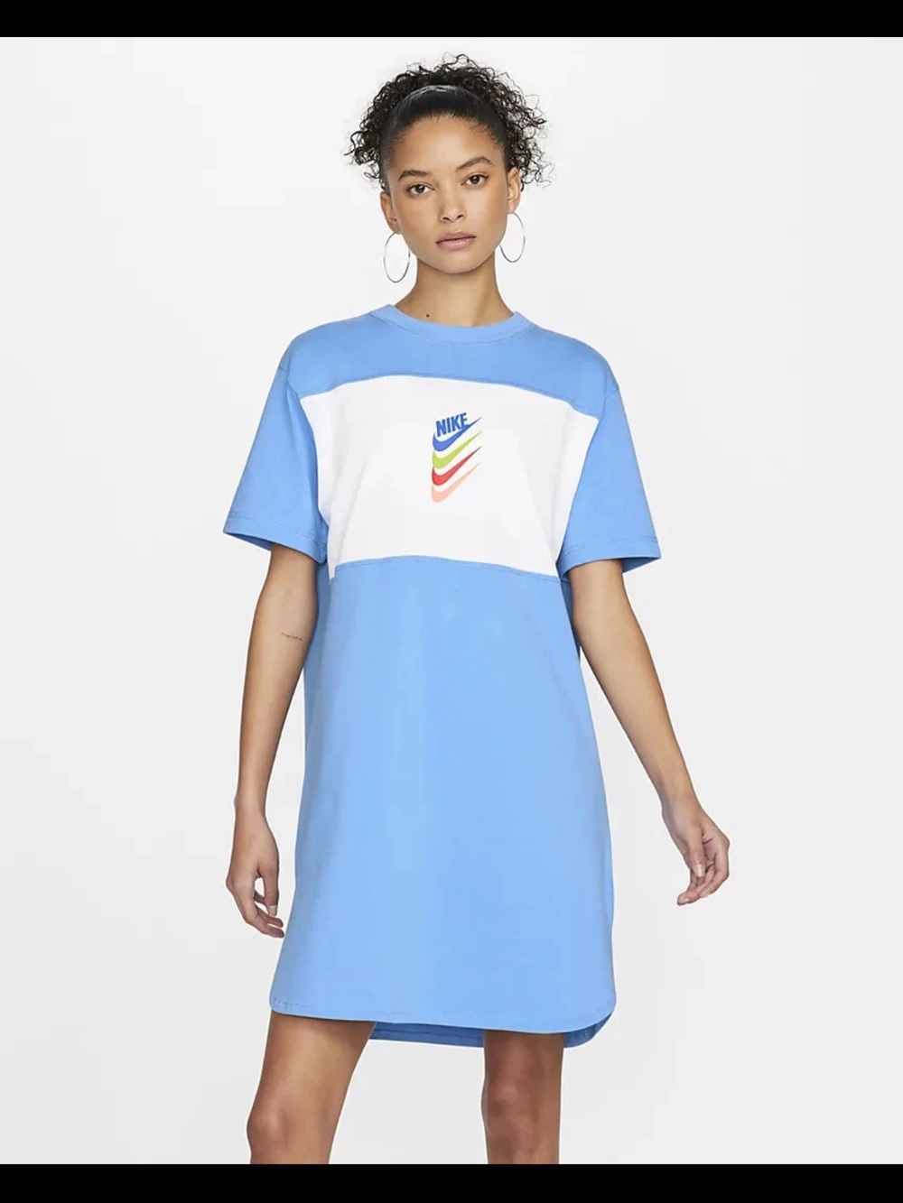 Nike Light Blue and White Colorblock Tee Dress with Multicolor Logo
